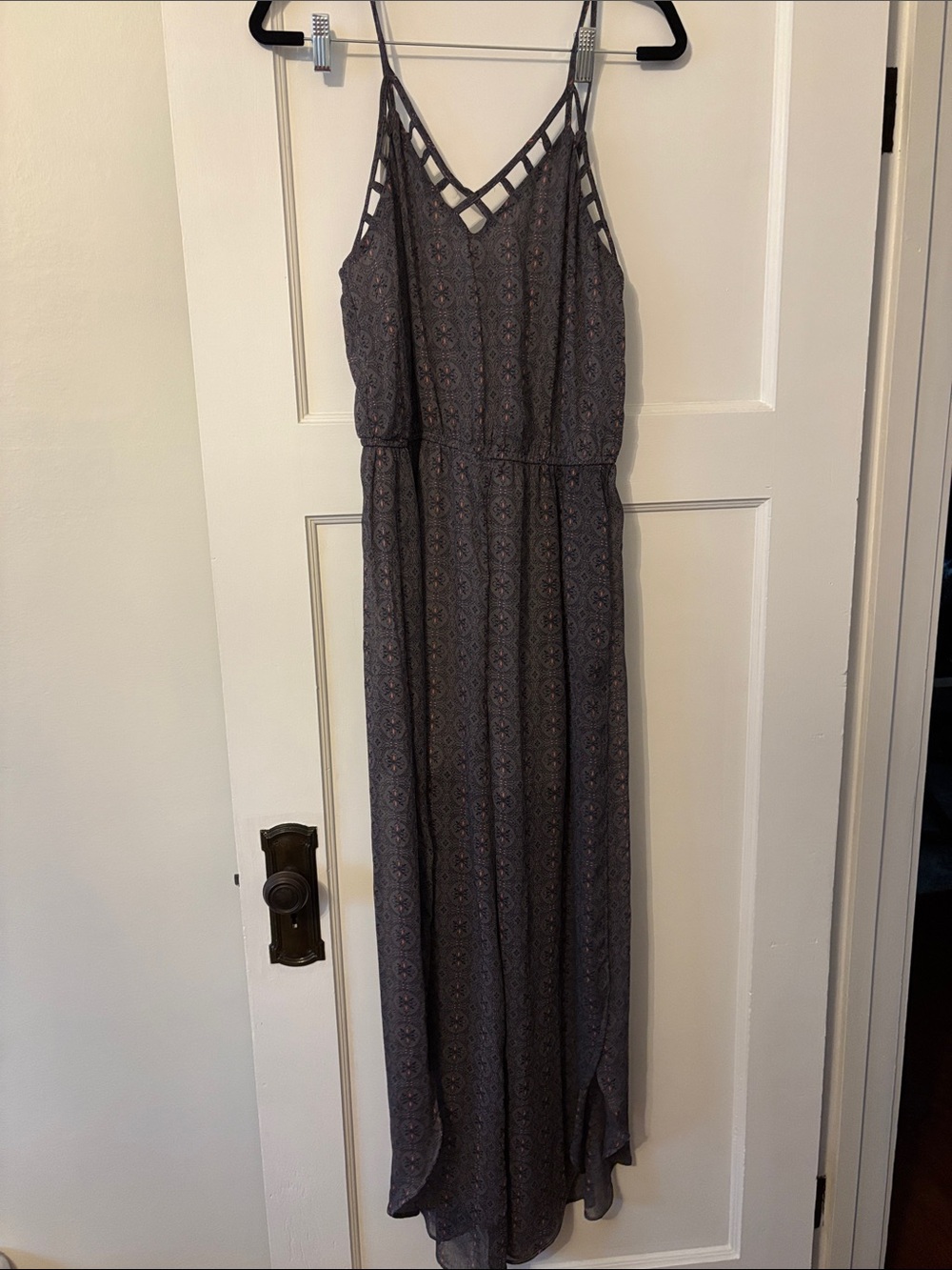Women's Gray Patterned Jumpsuit with Lattice Straps